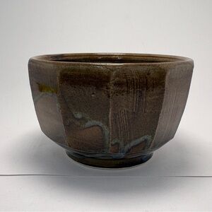 Hand Thrown Faceted Studio Pottery Bowl 5” Brown Drip Glaze Artist Signed Rustic